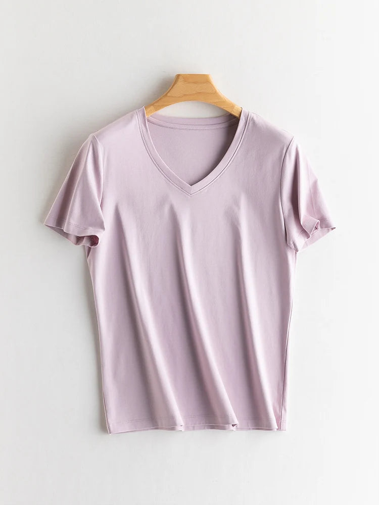 SuyaDream Women Solid T shirts, Silk Cotton Blend, O Neck, Short Sleeved Solid Tee,2026 Summer Candy Colors Basic Cozy Top Green