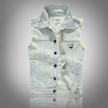 New Fashion Men Light Blue Holes Denim Vests Ripped Denim Sleeveless Jackets Waistcoats Male Cotton Slim Jeans Waistcoats 5XL