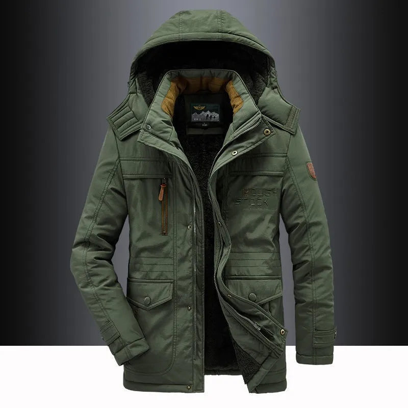 New Winter Men Hooded Casual Down Jackets Fleece Warm Long Parkas Tooling Jackets Good Quality Male Outdoors Winter Coats Size 5