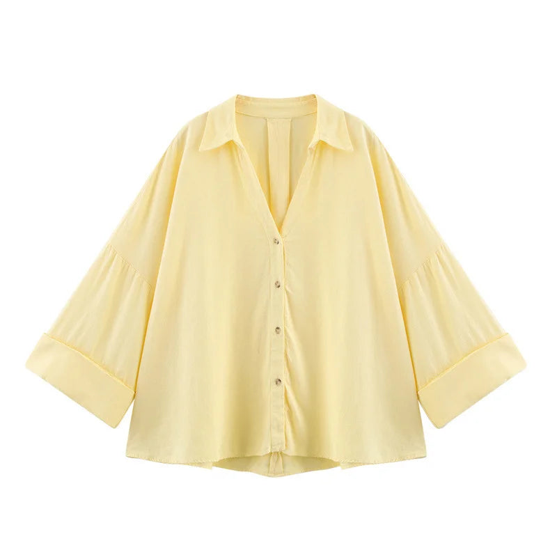 Women's Casual Loose Shirt for Spring/Summer 2026 Collar Button Design Wide Sleeves Minimalist Holiday Style