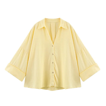 Women's Casual Loose Shirt for Spring/Summer 2026 Collar Button Design Wide Sleeves Minimalist Holiday Style