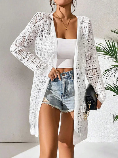 Polyester 100% solid color knitted cardigan with sun shading and loose fitting fashion, mid length and elegant sweater