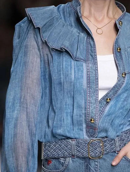 Fashion Pleated Ruffles Shirt Women See Through Long Sleeves Patchwork Design Single-breasted Tops Spring New Clothing