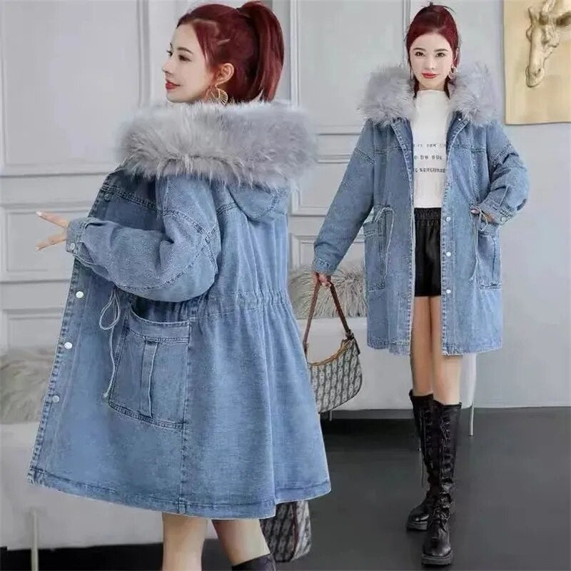 Abrigos vaqueros para mujer, prendas de vestir, chaqueta vaquera de lana gruesa y cálida, Parka larga holgada coreana con cuello de piel y capucha, novedad de 2022
