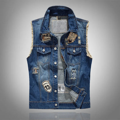 Men Ripped Denim Waistcoats Vests Jackets Light Blue Holes Denim Coats Vests New Fashion Male Cotton Slim Jeans Waistcoats 5XL