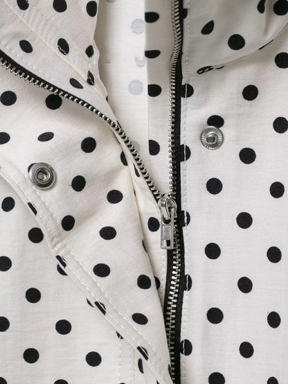 Woman Autumn Long Sleeves Turtleneck Zipper With Pockets Drawstring Casual Coats Women Fashion Polka Dot Printed Jacket