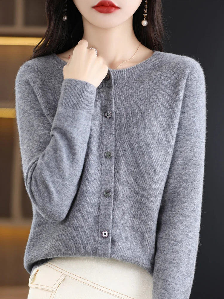 2026 New Chic Women's Basic O-neck Cardigan 100% Merino Wool Sweater Soft Grace Knitwear CoatSpring Autumn Female Clothes Tops