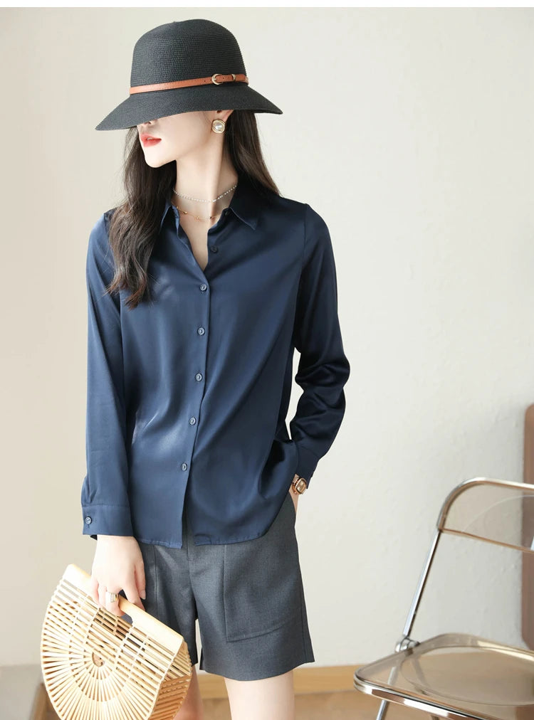 Spring Autumn Elegant Satin Women's Blouse 2026 New Long Sleeve Turn-down Collar Korean Casual Loose Office Lady Shirts Female