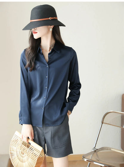 Spring Autumn Elegant Satin Women's Blouse 2026 New Long Sleeve Turn-down Collar Korean Casual Loose Office Lady Shirts Female
