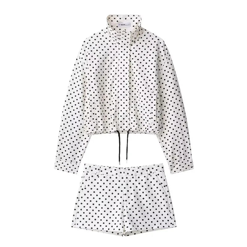 Woman Autumn Long Sleeves Turtleneck Zipper With Pockets Drawstring Casual Coats Women Fashion Polka Dot Printed Jacket