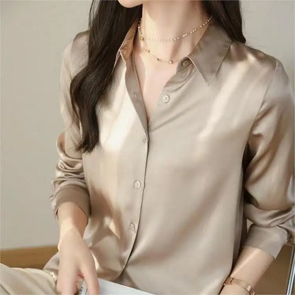 Spring Autumn Elegant Satin Women's Blouse 2026 New Long Sleeve Turn-down Collar Korean Casual Loose Office Lady Shirts Female