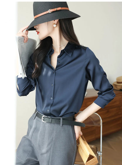 Spring Autumn Elegant Satin Women's Blouse 2026 New Long Sleeve Turn-down Collar Korean Casual Loose Office Lady Shirts Female