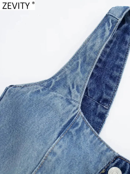 Zevity New Women Vintage Single Breasted Cloth Patchwork Denim Sling Blouse Femme Short Vest Shirt Chic Blusas Crop Tops LS4332