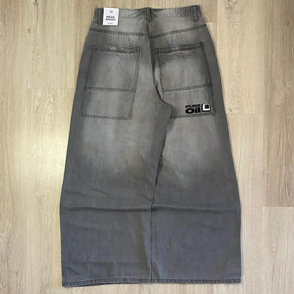 Y2K American New Pattern Embroidery Baggy Jeans Men High Street Vintage Hip Hop Fashion Casual Joker Couple Wide-leg Pants