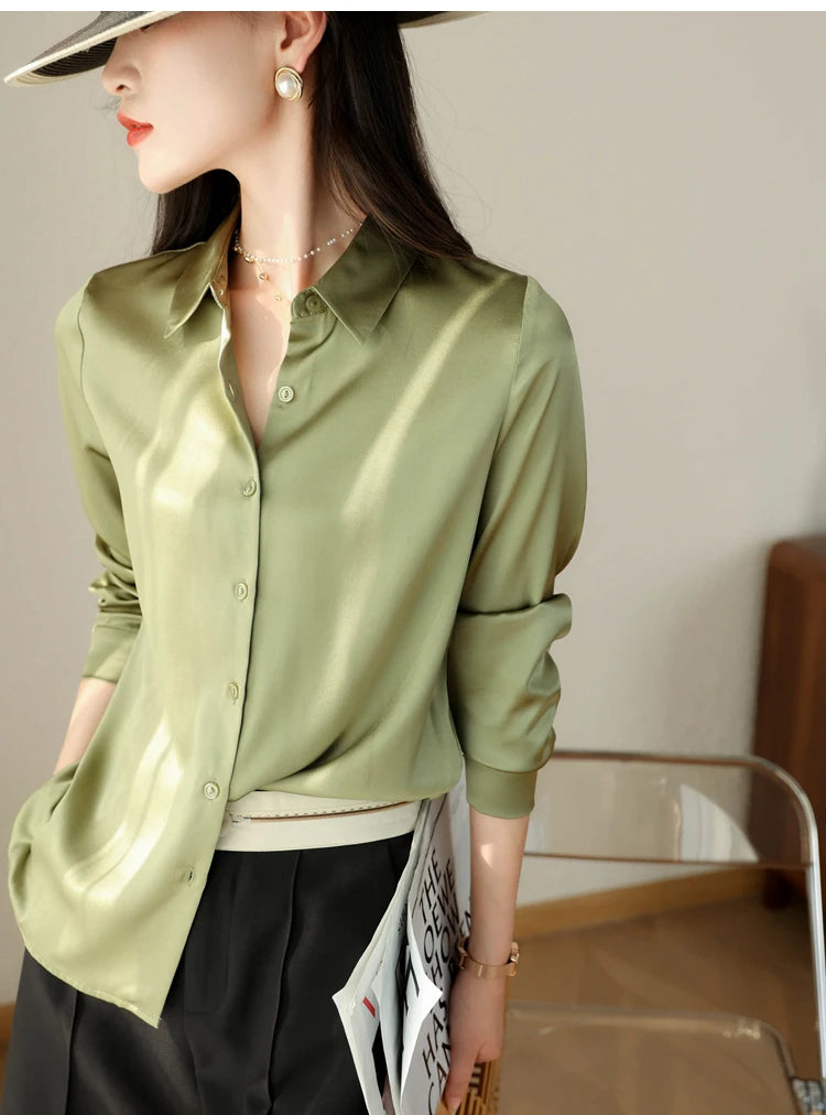 Spring Autumn Elegant Satin Women's Blouse 2026 New Long Sleeve Turn-down Collar Korean Casual Loose Office Lady Shirts Female