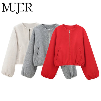 Red Zipper Bomber Jackets for Women Soft Cropped Jackets Woman 2026 Long Sleeve Woman's Sports Jacket New in Outerwears
