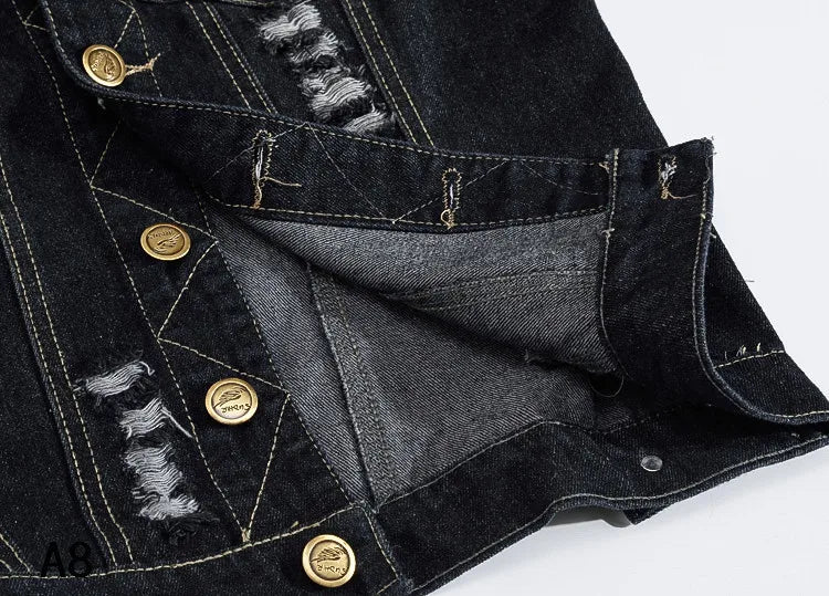 Men Slim Denim Vests Waistcoats Jackets Fashion Male Blue Fit Denim Coats Vests Large Size Punk Style Holes Jeans Vest Size 6XL