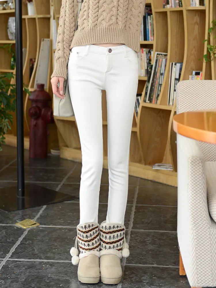 Vaqueros elásticos gruesos de invierno, pantalones vaqueros de tubo para mujer, pantalones vaqueros ajustados de talla grande 34, pantalones vaqueros cálidos de felpa aterciopelada forrados Kot Pantolon