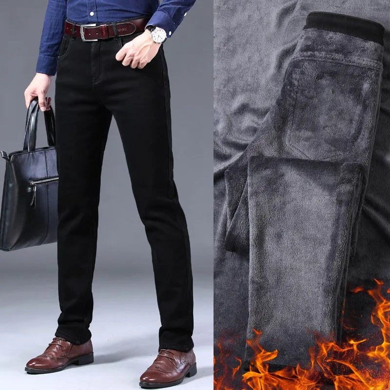 2025 New business casual Trousers Grey Fleece Men Clothes Black Elasticity Warm Winter Jeans Velvet Jeans