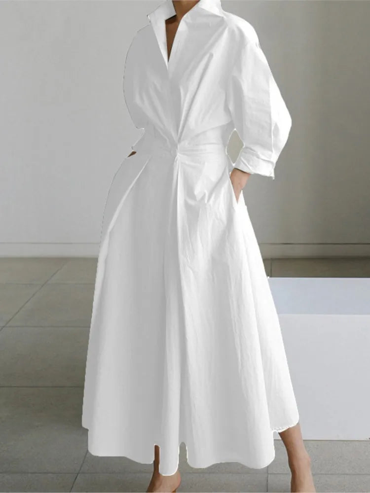 Autumn Dress Long Sleeve Dot Print Elegant Maxi Dresses For Women 2025 White Casual V Neck Shirt Party Long Dress Robe Femme