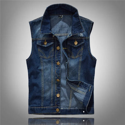 Men Denim Vests Jackets Waistcoats Light Blue Ripped Denim Coats Vests New Fashion Male Cotton Slim Black Jeans Waistcoats 6XL
