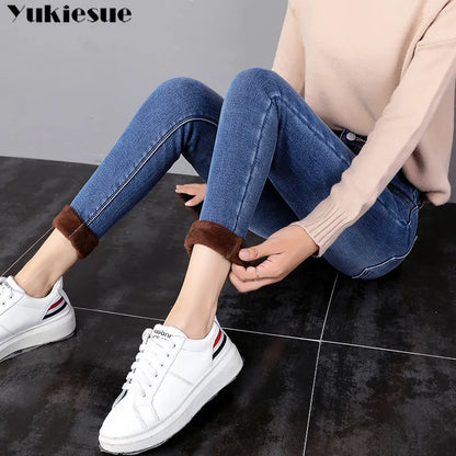 Pantalones vaqueros cálidos de invierno para mujer, pantalones informales de terciopelo de cintura alta para mujer, pantalones vaqueros para mujer 2022