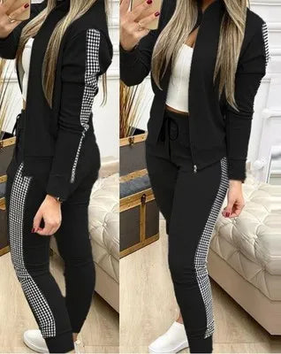 Athleisure Zipper Jacket Women's Suit Spring Fashion Patchwork Plaid Slim Fit Timid Feet Trousers Female 2 Piece Set 2025