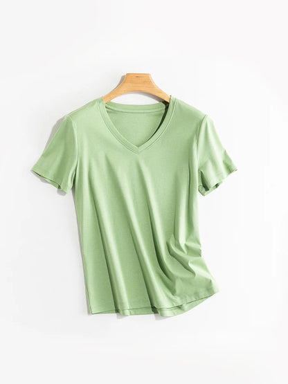 SuyaDream Women Solid T shirts, Silk Cotton Blend, O Neck, Short Sleeved Solid Tee,2026 Summer Candy Colors Basic Cozy Top Green