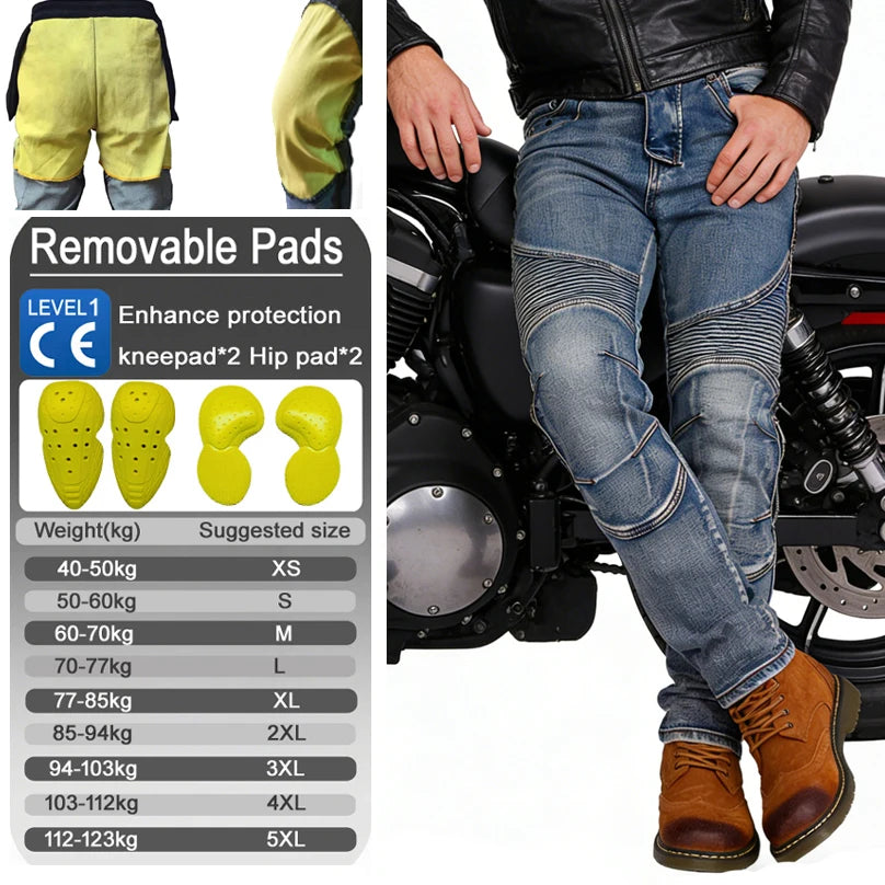 Men Kevlar Motorcycle Jeans Windproof Abrasion Resistant Protective Pants Blue Off Road Riding Trousers Four Season Gear
