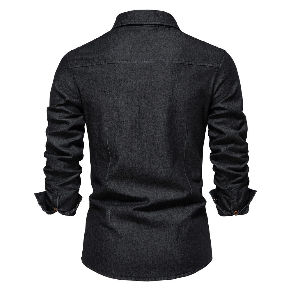 2026 Cotton Denim Shirts Men Casual Long Sleeve Quality Cowboy Shirt Solid Color Slim Fit Elastic Navy Blue Black Clothes