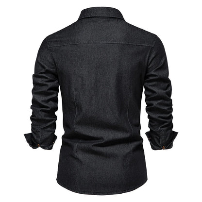 2026 Cotton Denim Shirts Men Casual Long Sleeve Quality Cowboy Shirt Solid Color Slim Fit Elastic Navy Blue Black Clothes