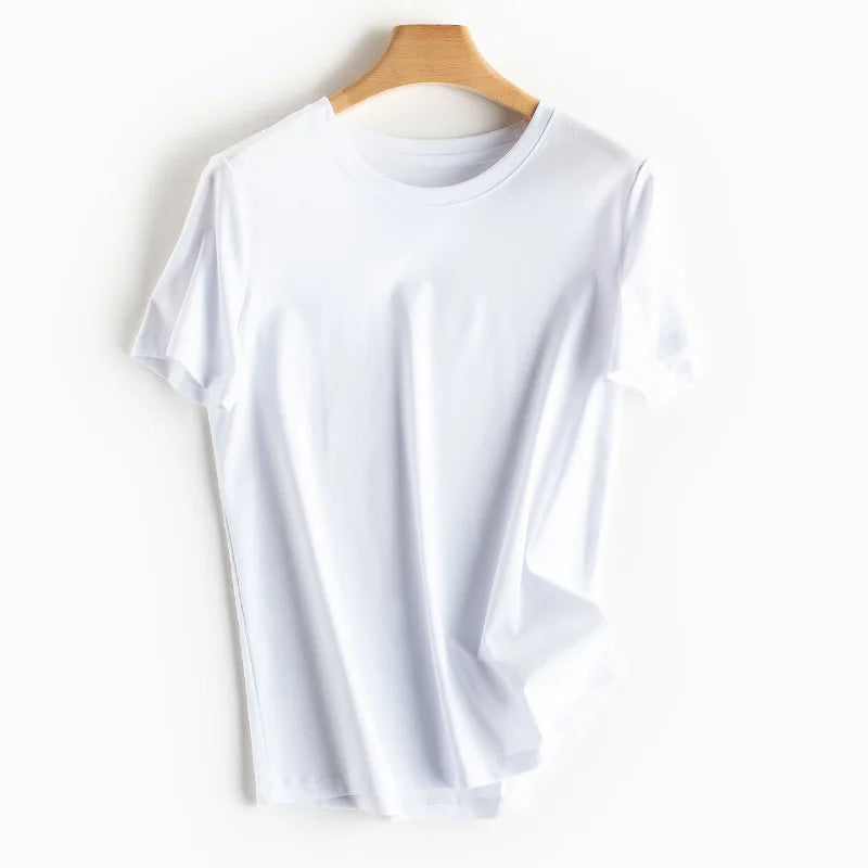 SuyaDream Women Solid T shirts, Silk Cotton Blend, O Neck, Short Sleeved Solid Tee,2026 Summer Candy Colors Basic Cozy Top Green