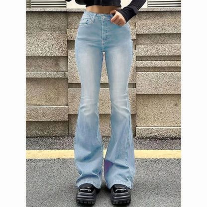 Girls Concise Ins High Waist Flared Jeans Female Stretchy Bootcut Denim Pants Women Solid Color Thin Bell Bottoms Trousers