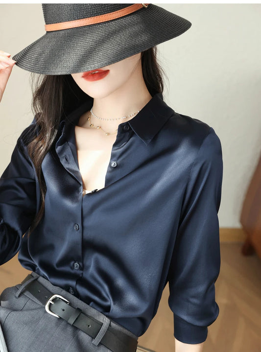 Spring Autumn Elegant Satin Women's Blouse 2026 New Long Sleeve Turn-down Collar Korean Casual Loose Office Lady Shirts Female