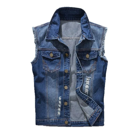 New Fashion Men Ripped Denim Waistcoats Sleeveless Jackets Light Blue Holes Denim Vests Male Cotton Slim Jeans Waistcoats 6XL
