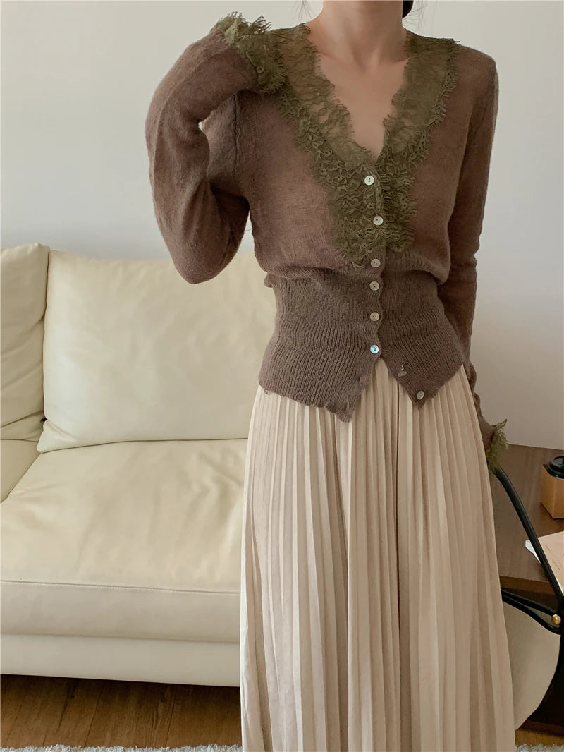 Seoulish Vintage Lace Knitted Cardigans for Women 2026 New Autumn Winter Solid Casual Slim Korean Style Ladies Tops Female