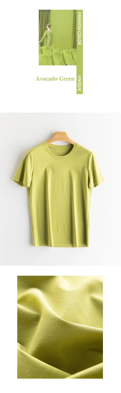 SuyaDream Women Solid T shirts, Silk Cotton Blend, O Neck, Short Sleeved Solid Tee,2026 Summer Candy Colors Basic Cozy Top Green