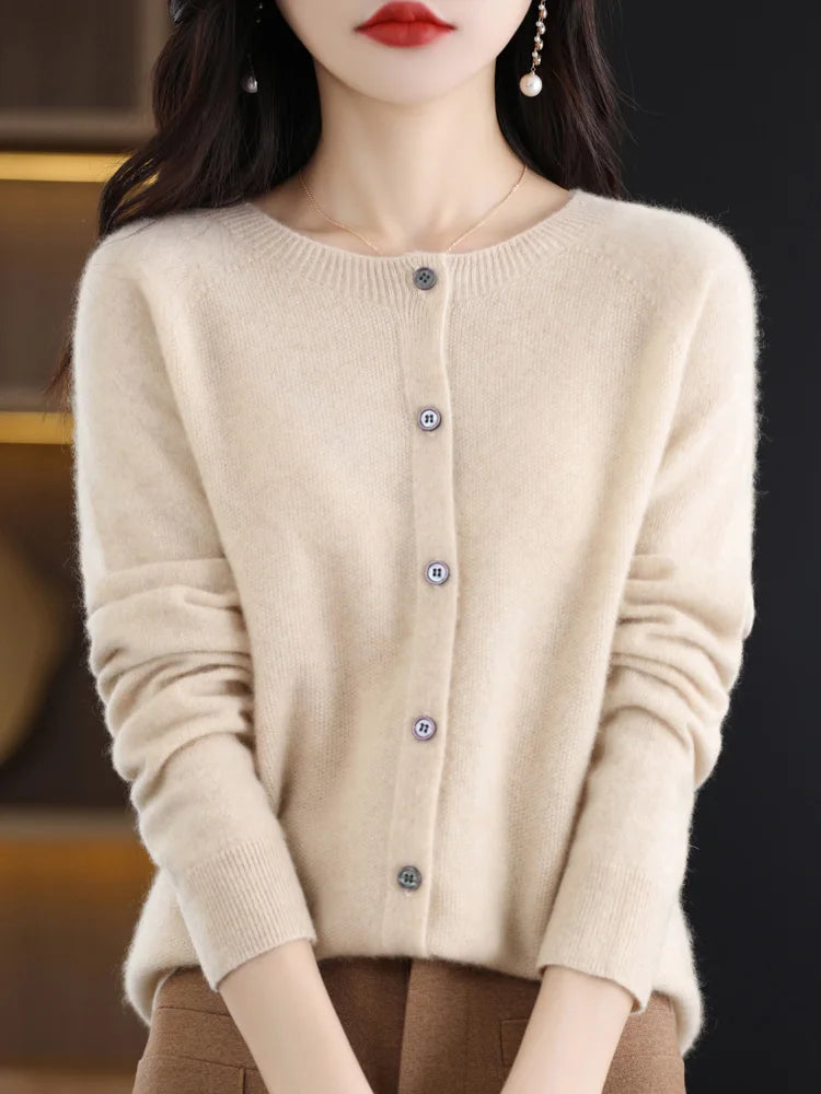2026 New Chic Women's Basic O-neck Cardigan 100% Merino Wool Sweater Soft Grace Knitwear CoatSpring Autumn Female Clothes Tops