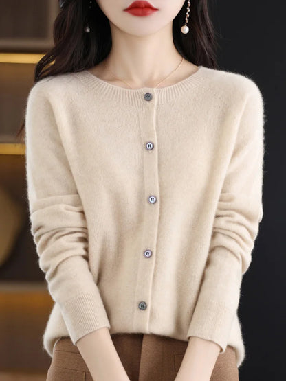 2026 New Chic Women's Basic O-neck Cardigan 100% Merino Wool Sweater Soft Grace Knitwear CoatSpring Autumn Female Clothes Tops