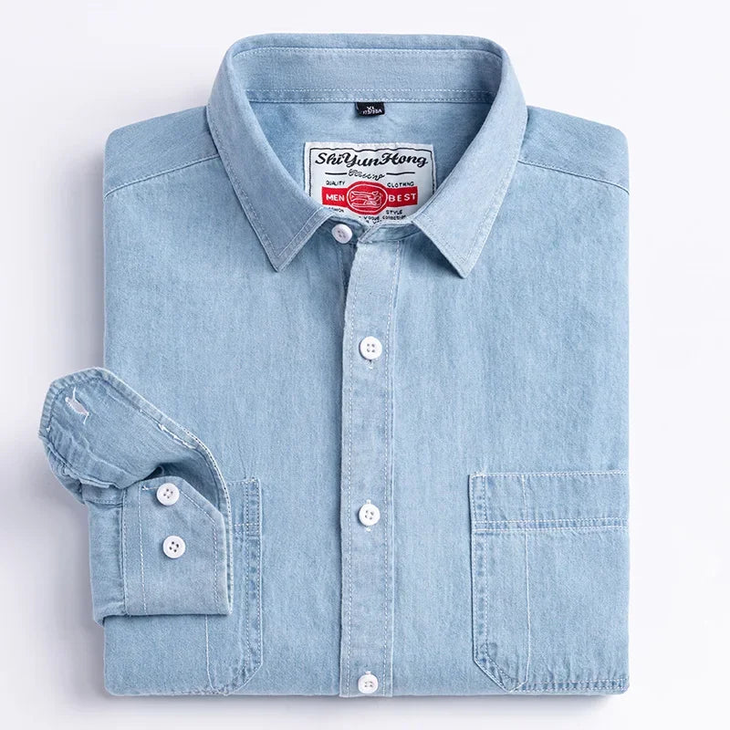 2025 Denim Long-Sleeve Double or Single  Pocket Design Shirt Classic 100% Cotton Fashion Embroider Comfortable Clothes