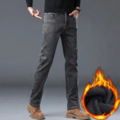 Winter Warm Jeans Men's Slim Straight Elastic Denim Pants Casual Male Clothing Fashion Plush Trousers New Hot Sale Fashion Jeans