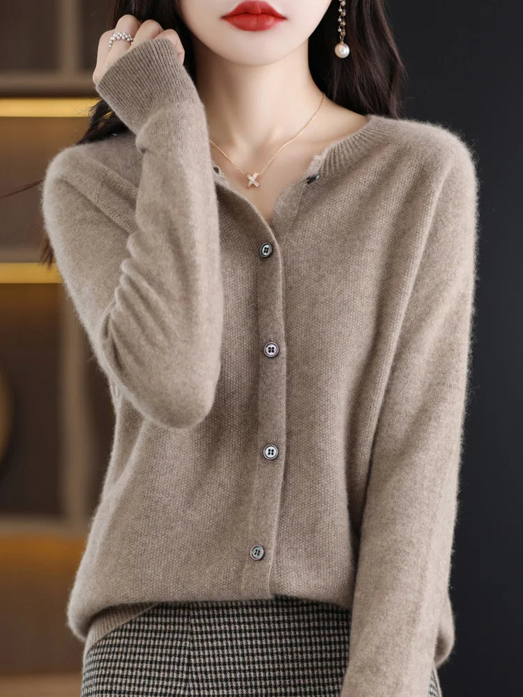 2026 New Chic Women's Basic O-neck Cardigan 100% Merino Wool Sweater Soft Grace Knitwear CoatSpring Autumn Female Clothes Tops