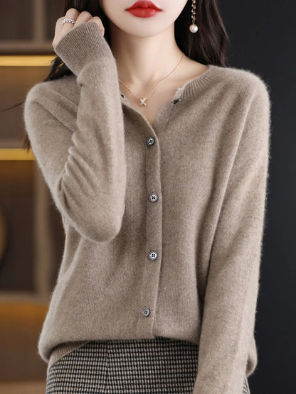 2026 New Chic Women's Basic O-neck Cardigan 100% Merino Wool Sweater Soft Grace Knitwear CoatSpring Autumn Female Clothes Tops