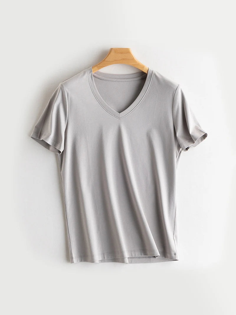 SuyaDream Women Solid T shirts, Silk Cotton Blend, O Neck, Short Sleeved Solid Tee,2026 Summer Candy Colors Basic Cozy Top Green
