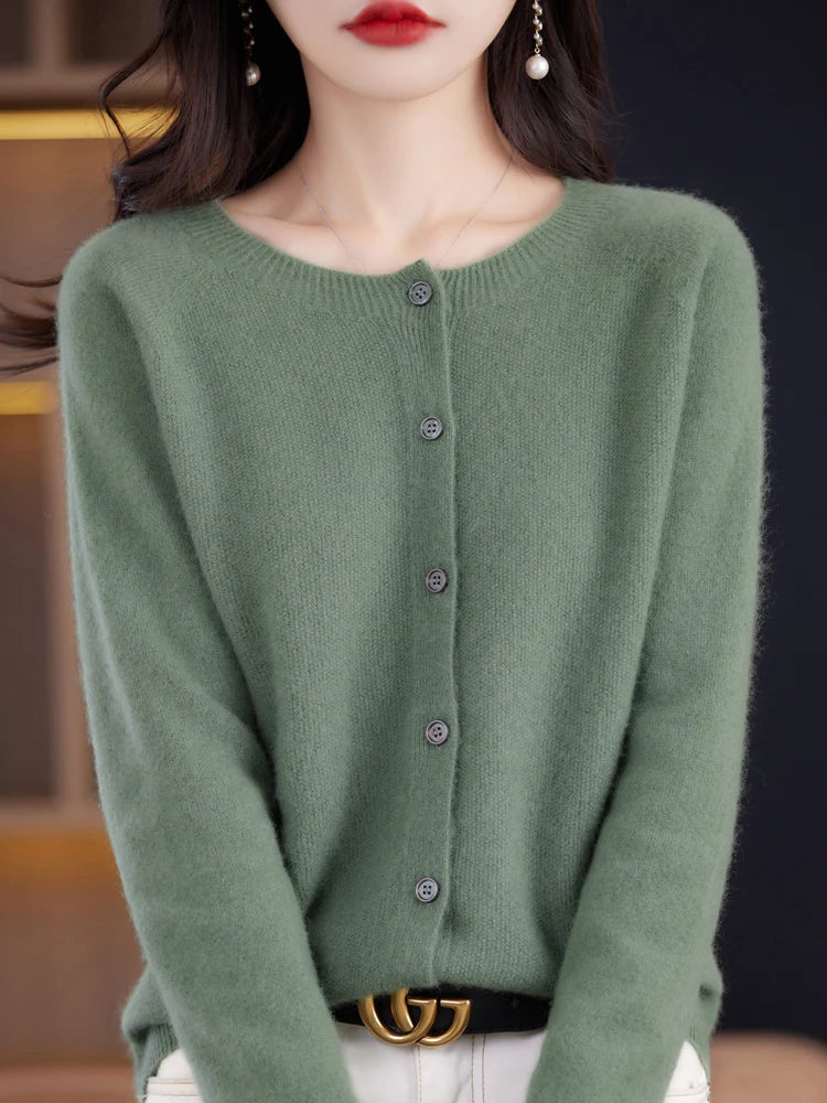 2026 New Chic Women's Basic O-neck Cardigan 100% Merino Wool Sweater Soft Grace Knitwear CoatSpring Autumn Female Clothes Tops