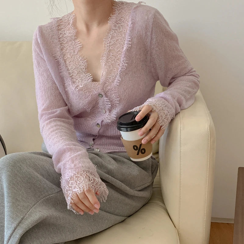 Seoulish Vintage Lace Knitted Cardigans for Women 2026 New Autumn Winter Solid Casual Slim Korean Style Ladies Tops Female