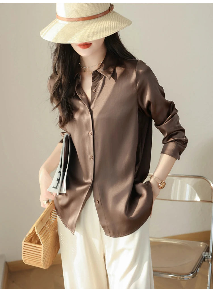Spring Autumn Elegant Satin Women's Blouse 2026 New Long Sleeve Turn-down Collar Korean Casual Loose Office Lady Shirts Female