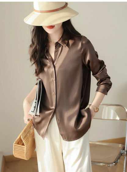 Spring Autumn Elegant Satin Women's Blouse 2026 New Long Sleeve Turn-down Collar Korean Casual Loose Office Lady Shirts Female