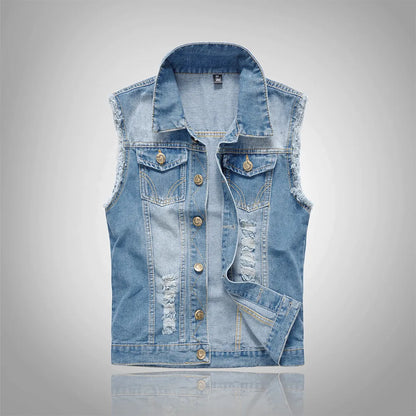 Men Slim Denim Vests Waistcoats Jackets Fashion Male Blue Fit Denim Coats Vests Large Size Punk Style Holes Jeans Vest Size 6XL