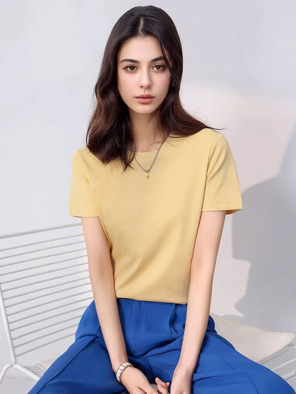 SuyaDream Women Solid T shirts, Silk Cotton Blend, O Neck, Short Sleeved Solid Tee,2026 Summer Candy Colors Basic Cozy Top Green